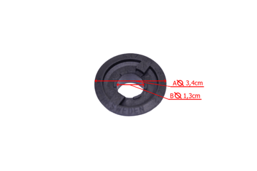 Ślimak pompy oleju do pilarek Husqvarna 455, 460, czarny, okrągły, z tworzywa sztucznego, 3,4 cm średnicy zewnętrznej, 1,3 cm wewnętrznej, z logo „SWEDEN”, na białym tle.