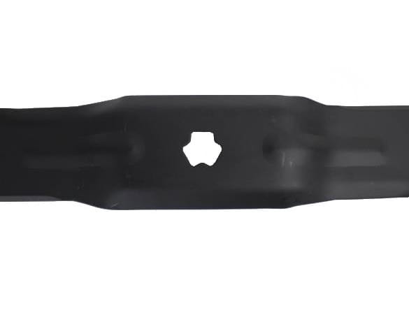 Nóż kosiarki MTD 46,7 cm, czarny, z pięciokątnym otworem montażowym, gładka metalowa powierzchnia, typowy kształt narzędzia ogrodowego na prostym tle, widok frontalny.