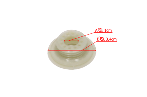 Ślimak pompy oleju do pilarek Husqvarna T540XP i T540XP II w kolorze przezroczystym. Widziany z góry, w pozycji leżącej. Średnica otworu A wynosi 1 cm, a B 3,4 cm. Widoczne otwory umożliwiające przepływ oleju. Brak dodatkowych napisów.