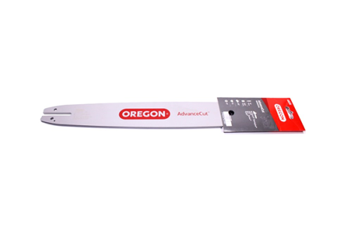 Prowadnica Oregon AdvanceCut o długości 14 cali, wykonana z metalu, z gładką, szaro-srebrną powierzchnią. Z przodu widoczny jest napis OREGON oraz AdvanceCut. Produkt leży płasko, a detal dotyczący mocowania jest widoczny z boku.