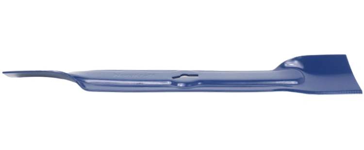 Nóż do kosiarek o długości 32 cm, wykonany z niebieskiego metalu, z prostą, gładką krawędzią i wyprofilowanym końcem. Widoczny detal w postaci logo marki. Ujęcie boczne, ukazujące długość i kształt narzędzia.