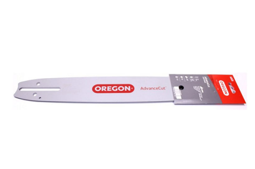 Prowadnica Oregon o długości 15 cali, materiał metalowy, w kolorze srebrnym, z wyraźnym logo OREGON oraz napisem AdvanceCut. Ułożona poziomo na jednolitym tle, prezentuje dwa otwory mocujące. Widoczny również system montażowy.