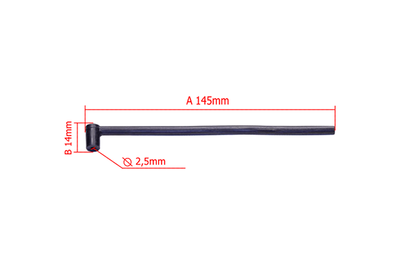 Przewód paliwa do pilarki Partner o długości 145 mm i średnicy 2,5 mm. Czarny, prosty kształt zgięty pod kątem, z widocznym oznaczeniem wymiarów. Produkt leży na białym tle, co podkreśla jego detale.