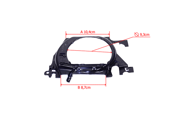 Osłona wentylatora do pilarki Husqvarna 340, 350 w kolorze czarnym, wykonana z trwałego plastiku, o wymiarach A 10,4 cm, B 8,7 cm, średnica 9,3 cm. Produkt widoczny z góry, leżący płasko, z wyraźnymi oznaczeniami wymiarów.