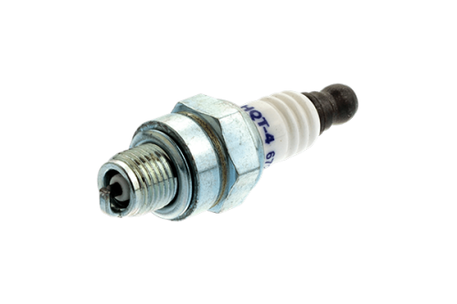 Świeca zapłonowa HQT-4 Resistor, metalowa z białą ceramiczną osłoną, widoczna z boku. Kształt cylindryczny, z gwintem u dołu i wypustką na końcu. Na korpusie nieczytelne napisy. Produkt na białym tle.