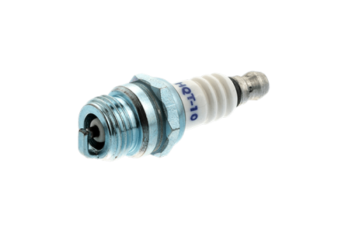 Świeca zapłonowa HQT-10 Resistor z metalową końcówką, białą ceramiczną obudową i napisem HQT-10. Stożkowa, z gwintem do montażu w silniku.