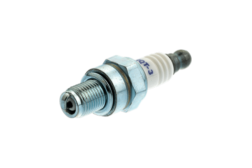 Świeca zapłonowa HQT-3 Resistor z metalowym gwintem i ceramiczną końcówką. Produkt widoczny frontalnie, leżący na jednolitym tle. Wyraźnie widoczne oznaczenie HQT-3 na białym korpusie. Długość standardowa dla świec zapłonowych.
