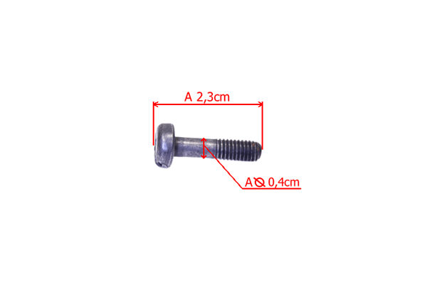 Metalowa śruba do pilarek Husqvarna 362XP, 575XP, główka 2,3 cm, gwint 0,4 cm. Ujęcie z boku na białym tle, ukazujące konstrukcję i oznaczenia.