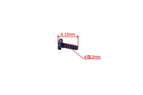 Śruba do pilarek w kolorze czarnym, wykonana z metalu. Kąt ujęcia z boku, pokazujący gwint oraz główkę. Wymiary: długość 12 mm, średnica 2 mm. Na tle białym, ze wskazaniem wymiarów w kolorze czerwonym.