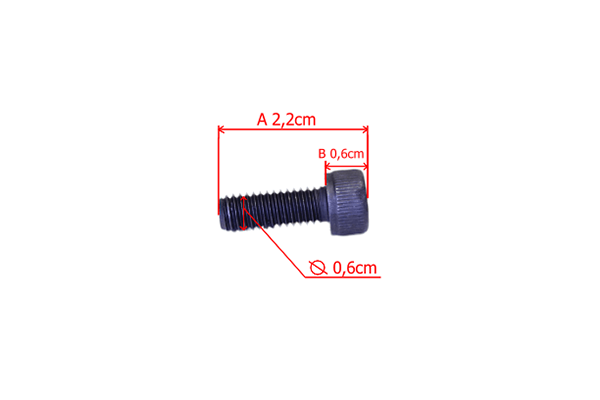 Śruba tłumika do pilarek Husqvarna 357XP, 450, w kolorze czarnym, o wymiarach 2,2 cm długości i średnicy 0,6 cm. Widok z boku, ukazujący gwint oraz łeb śruby. Zauważalne oznaczenia na długości. Produkt nowy, na białym tle.
