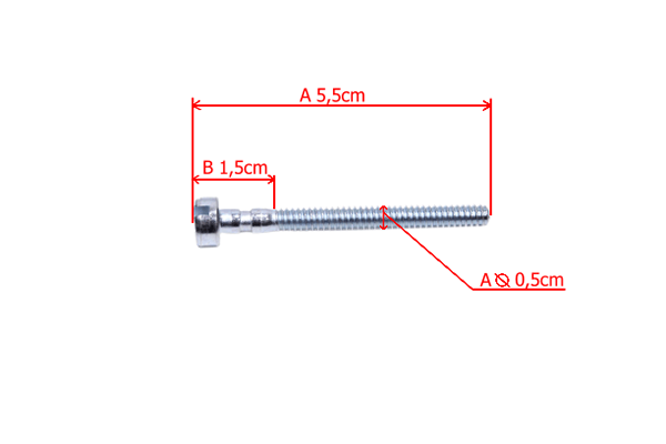 Śruba napinacza łańcucha pilarki Husqvarna 120Mark II/236, stalowy kolor, długość 5,5 cm, średnica 0,5 cm. Widoczna główka z sześciokątnym mocowaniem. Prosty koniec śruby, ukazany w pozycji leżącej na białym tle.