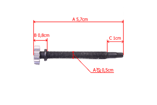 Śruba napinacza łańcucha pilarki Husqvarna 240E, czarna, metalowa, z zagłębieniem na końcu, o długości 5,7 cm, z szerszym uchwytem na górze. Wymiary: średnica 0,5 cm, szerokość 0,8 cm, grubość 1 cm. Widok z boku, na białym tle.