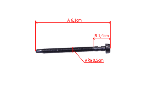 Śruba napinacza łańcucha do pilarki Husqvarna, długość 6,1 cm, średnica 0,5 cm, szerokość 1,4 cm. Czarna, metalowa z pełnym gwintem i gładką główką, widok z boku.
