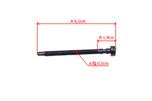 Śruba napinacza łańcucha do pilarki Husqvarna, długość 6,1 cm, średnica 0,5 cm, szerokość 1,4 cm. Czarna, metalowa z pełnym gwintem i gładką główką, widok z boku.