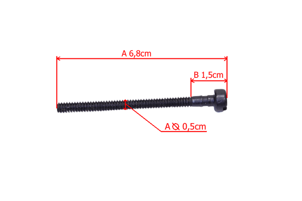 Śruba napinacza łańcucha pilarki Partner P340 S, o długości 6,8 cm, średnicy 0,5 cm, z gwintem na całej długości. Ujęcie z boku, na tle białym. Element z metalowym wykończeniem, z heksagonalną główką po jednej stronie.