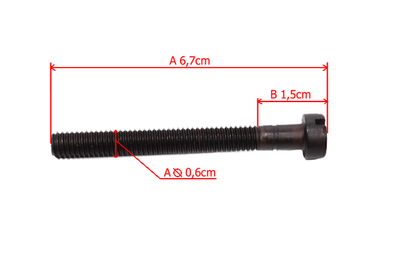 Śruba napinacza łańcucha piły spalinowej Husqvarna 40, o długości 6,7 cm i średnicy 0,6 cm. Metaliczna, czarna, z widocznymi gwintami i dużą główką. Ujęcie z bocznej strony, stojąca na białym tle. Widoczne wymiary pomocnicze na zdjęciu.