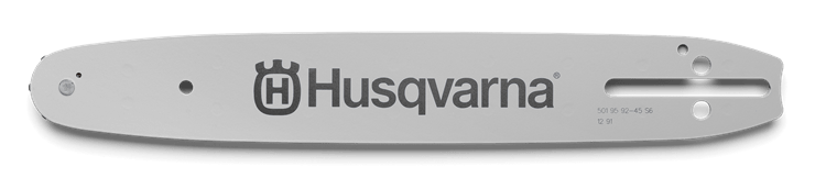 Prowadnica do piły o długości 14 cali, kolor srebrny, wykonana z metalu, z wyraźnym logo Husqvarna. Ułożona poziomo, z widocznymi otworami montażowymi. Produkt przeznaczony do zastosowań na zewnątrz, idealny w ogrodnictwie.