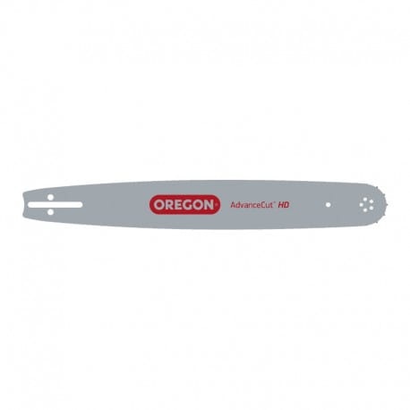 Prowadnica Oregon AdvanceCut o długości 15 cali, metaliczna, w kolorze szarym. Z widocznym logo OREGON oraz napisem AdvanceCut HD. Produkt leżący na białym tle, ukazuje detale mocowania oraz kształt prowadnicy. Idealna do pił łańcuchowych.