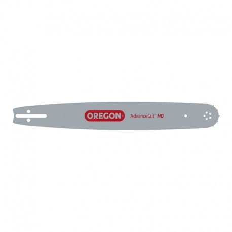 Prowadnica Oregon AdvanceCut o długości 15 cali, metaliczna, w kolorze szarym. Z widocznym logo OREGON oraz napisem AdvanceCut HD. Produkt leżący na białym tle, ukazuje detale mocowania oraz kształt prowadnicy. Idealna do pił łańcuchowych.