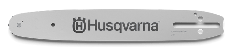 Prowadnica Husqvarna 14/3/8 MINI PIXEL, metaliczna srebrna z logo, owalna, 1.1 mm grubości, 52DL długości, z otworami montażowymi i szczeliną, na prostym tle, widok frontalny.