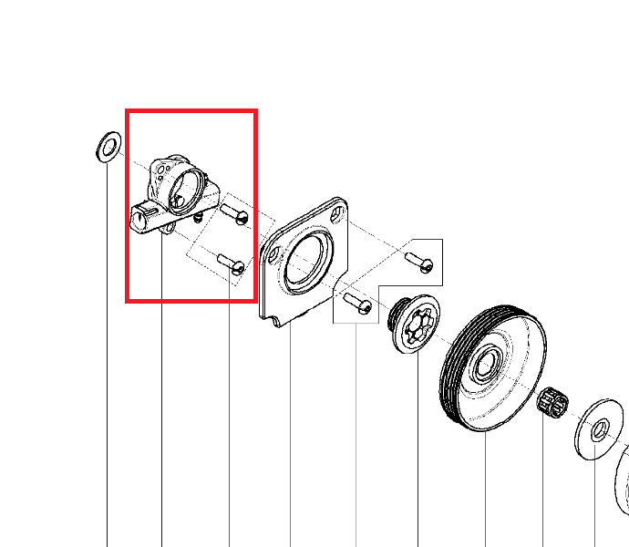 Pompa oleju do pilarki 120 Husqvarna, zaznaczona w zbliżeniu, z metalowym korpusem, dwiema śrubami mocującymi, okrągłym otworem w centralnej części oraz wyodrębnionym detalem pomiarowym. Elementy blisko rozmieszczone w schemacie technicznym.