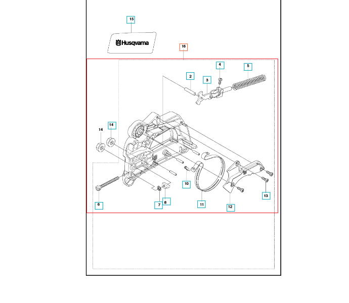 Zespół hamulca pilarki Husqvarna 120 Mark II/236/240 w rysunku technicznym z numerami części, metalową teksturą i widocznym logo Husqvarna.
