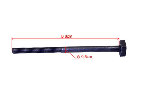 Śruba tłumika do pilarki Husqvarna o długości 8 cm i średnicy 0,5 cm, czarna, metalowa, prostokątna główka, gwintowana część. Ujęcie frontalne, leżąca na białym tle, dobrze widoczne wymiary.