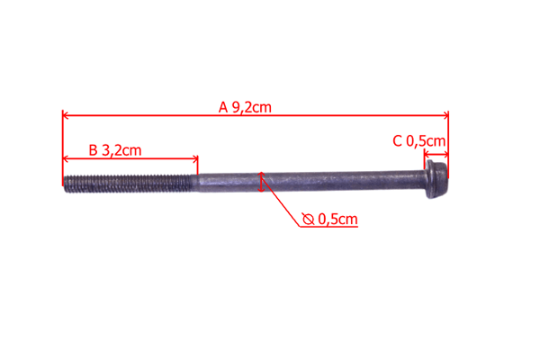 Śruba tłumika pilarek Husqvarna 340, 345, 350 w kolorze ciemnoszarym, wykonana ze stali. Widok z góry, leżąca na białym tle. Długość 9,2 cm, średnica 0,5 cm, z gwintem na jednym końcu. Brak widocznych napisów lub logo.