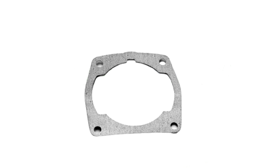 Uszczelka cylindra pilarki Husqvarna 359/357XP w szarym kolorze, o kształcie prostokątnym z okrągłym otworem pośrodku. Widoczne cztery otwory na mocowanie. Zbliżenie na detal produktu, położony na białym tle.