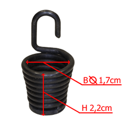 Amortyzator pilarki Partner w kolorze czarnym, okrągły, z widocznymi spiralnymi rowkami. Wymiary: średnica 1,7 cm, wysokość 2,2 cm. Ujęcie z dołu, prezentujące jego kształt i hak do mocowania. Tło jednolite.