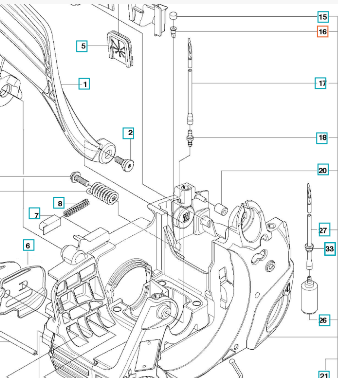 Zawór zwrotny zbiornika paliwa do pilarek Husqvarna 120 Mark II/130/135, wykonany z metalu, widoczny w schemacie technicznym. Elementy wyraźnie oznaczone numerami, w szczególności miejsce montażu. Złożona prezentacja komponentów.
