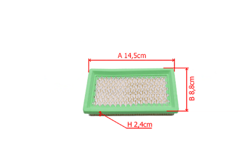 Filtr powietrza do kosiarki spalinowej T2 w prostokątnym kształcie. Wymiary: 14,5 cm x 8,8 cm x 2,4 cm. W zielonej obudowie z siatkowym wzorem. Widok z góry na filtr leżący na białym tle, bez dodatkowych elementów.