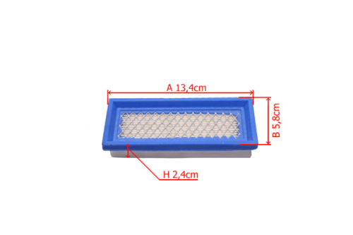 Filtr powietrza do silników Honda GXV 140 w prostokątnej formie, z niebieską obudową i siatką filtracyjną. Wymiary: 13,4 cm x 5,8 cm x 2,4 cm. Widok z góry, prezentujący teksturę siatki oraz wymiarowe oznaczenia.