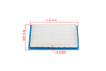 Płaski filtr powietrza do Kawasaki FH430 V, biały plisowany materiał filtracyjny z niebieską ramką, prostokątny, 18,7x11,1 cm, wys. 2,5 cm, widok z góry, na białym tle.