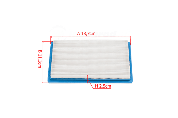 Płaski filtr powietrza do Kawasaki FH430 V, biały plisowany materiał filtracyjny z niebieską ramką, prostokątny, 18,7x11,1 cm, wys. 2,5 cm, widok z góry, na białym tle.
