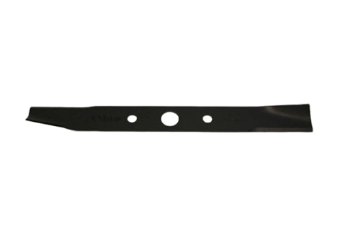 Nóż kosiarki Agroma E900, wykonany z ciemnego stali, o długości 31 cm. Posiada dwa okrągłe otwory wzdłuż krawędzi do mocowania. Ujęcie frontalne, prezentujące ostrze z wyraźnymi krawędziami. Produkt na prostym, białym tle.