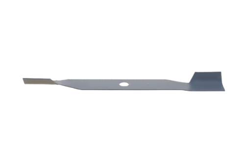 Nóż do kosiarki Fevill o długości 36 cm, wykonany z metalu, w kolorze srebrnym z wycięciem na uchwyt. Zbliżenie na prostą krawędź tnącą oraz charakterystyczne wyprofilowanie końcówki, leżący na białym tle.