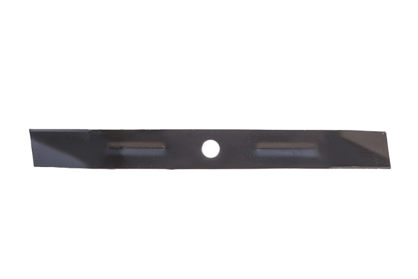 Nóż do kosiarki Partner P37 o długości 36 cm, wykonany z metalu. Widoczny z góry, w pozycji leżącej. Ciemna, matowa powierzchnia z zaostrzonymi krawędziami, z centralnym otworem oraz dwoma wcięciami. Proste, białe tło.