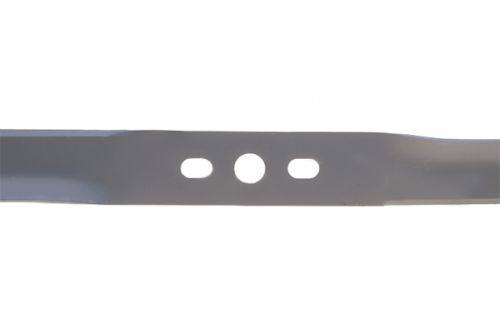 Nóż do kosiarki Alko o długości 37,5 cm, metalowy, w kolorze szarym, o prostokątnym kształcie. Widoczne trzy otwory montażowe. Ujęcie frontalne z gładką powierzchnią, na białym tle.