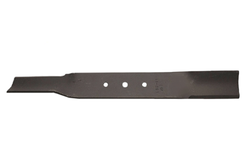 Nóż do kosiarek Oleo-Mac o długości 38,8 cm, metalowy, płaski, z trzema otworami mocującymi. Ukazany z boku na jednolitym tle. Powierzchnia matowa, bez widocznych oznaczeń lub wzorów. Idealny do zastąpienia uszkodzonego ostrza w kosiarce.
