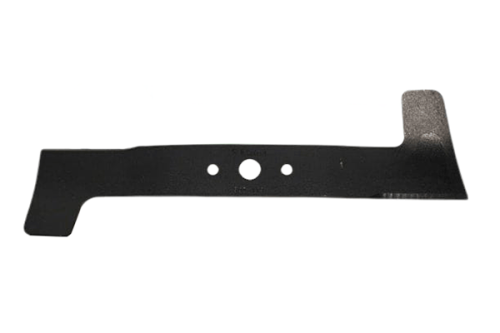 Nóż kosiarki Castel Garden o długości 39 cm, czarny, wykonany z metalu. Prezentowany z boku, w pozycji leżącej. Wyposażony w otwory montażowe oraz charakterystyczne wycięcia na końcach. Tło białe, prosty kompozycyjnie.