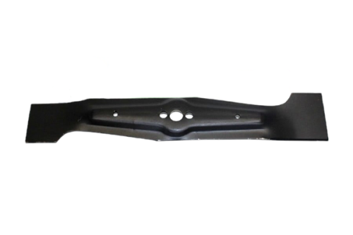 Nóż kosiarki Flymo o długości 39,5 cm, wykonany z matowej stali, w kolorze czarnym. Prezentowany w płaskiej pozycji, z jedną centralnie umieszczoną dziurą na mocowanie. Brak widocznych napisów lub logo.