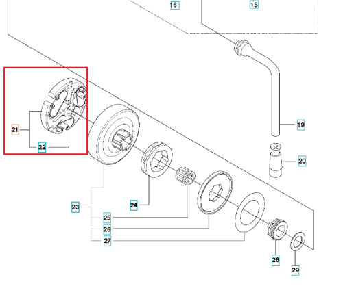 Sprzęgło do pilarki Husqvarna 272XP/268/61, metalowe, okrągłe, z wyraźnymi nacięciami i otworami. Widok frontalny, leżące na płaskiej powierzchni. Część elementów współpracy z innymi częściami silnika widoczna wokół. Tło białe.