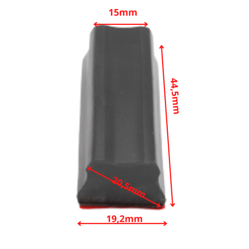 Osłona gumowa maski LT125 Husqvarna w kolorze czarnym, prostokątna, o wymiarach 44,5 mm x 19,2 mm. Z przodu widoczne wyraźne krawędzie. Produkt leży płasko, pokazując detale ukształtowania. Idealna jako element zabezpieczający.