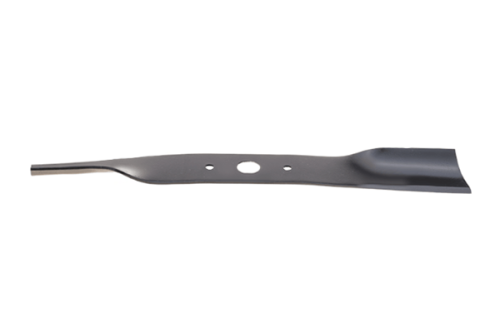 Nóż kosiarki Mountfield o długości 39,7 cm, wykonany z metalu w matowym czarnym kolorze. Wyposażony w otwór montażowy, z profilowanym końcem do skutecznego cięcia trawy. Ułożony w pozycji leżącej, na jednolitym tle.