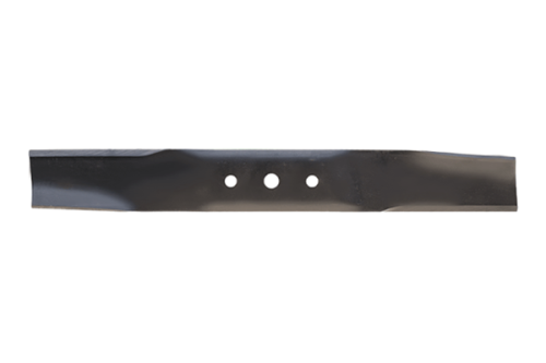 Nóż kosiarki MTD o długości 39 cm, wykonany z metalu, w kolorze czarnym. W poziomym ujęciu, widoczna powierzchnia ostrza z trzema otworami mocującymi. Gładka, błyszcząca faktura z wyraźnym kształtem wzdłużnym.