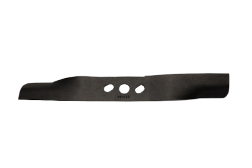 Nóż kosiarki NAC, długość 39,7 cm, metaliczny, czarny. Zbliżenie na prostą, poziomą konstrukcję z trzema otworami montażowymi. Brak zdobień i napisów. Widoczny w neutralnym, jasnym tle. Idealny do zastosowania w urządzeniach ogrodowych.