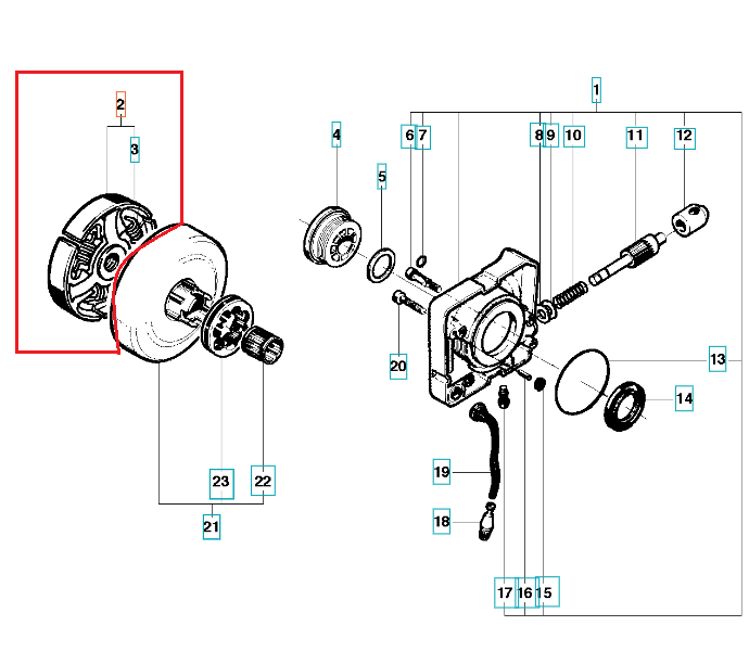 Sprzęgło do pilarki Husqvarna 395XP/281XP/288XP, widoczne z boku, z obrotową tarczą, metalowe z wyraźnymi rowkami na zewnętrznej krawędzi. Część dolna z wewnętrznymi gwintami. Na tle białym, w szczegółowym ujęciu, ukazującym mechanizm.