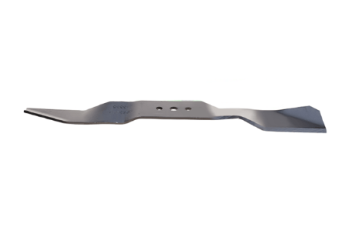 Nóż do Rider 15 Husqvarna o długości 41 cm, wykonany z materiału metalowego, prezentuje się w widoku bocznym. Charakteryzuje się dwoma otworami montażowymi oraz specyficznie wyprofilowanym ostrzem, co zapewnia efektywne cięcie trawy.