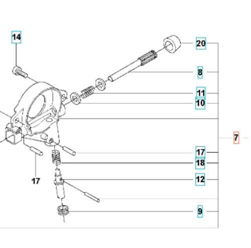 Pompa oleju do pilarki Husqvarna 562XP, 556. Elementy pompy widoczne z boku, w szczegółowym rozkładzie. Części metalowe i plastikowe w różnych kształtach, oznaczone numerami. Tło białe, co ułatwia identyfikację detali.